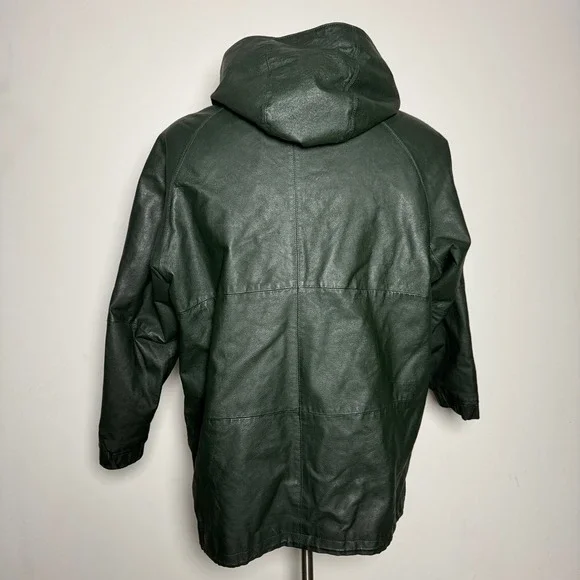 Venezia Taylor Men's Dark Green Leather Hooded Full Zip Long Jacket 1X